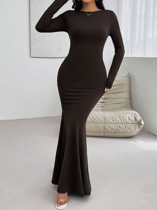 Devine Backless Round Neck Long Sleeve Maxi Dress