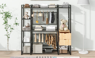 Open-Style Wardrobe with Hanging Rails, Shelves and Drawers, Black