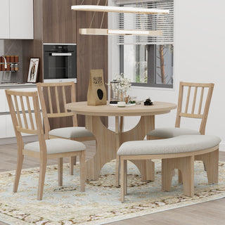 TREXM 5-Piece Dining Table Set, 44" Round Dining Table with Curved Bench & Side Chairs for 4-5 People for Dining Room and Kitchen (Natural Wood Wash)