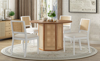 TOPMAX 5-Piece Rattan Round Dining Table Set, Wood Table with Hexagonal Base and Upholstered Chairs for Dining Room, Kitchen,Indoor Use, White+Beige
