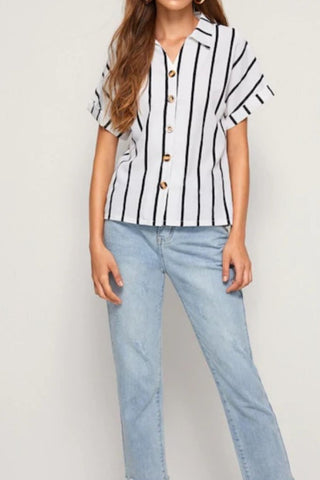 Striped Button Up Short Sleeve Shirt for Women