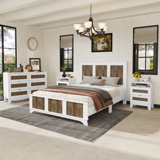 4-Pieces Bedroom Sets, Queen Size Farmhouse Platform Bed with Wooden Strip Decoration, Storage Nightstand and Dresser with Metal Handle, White