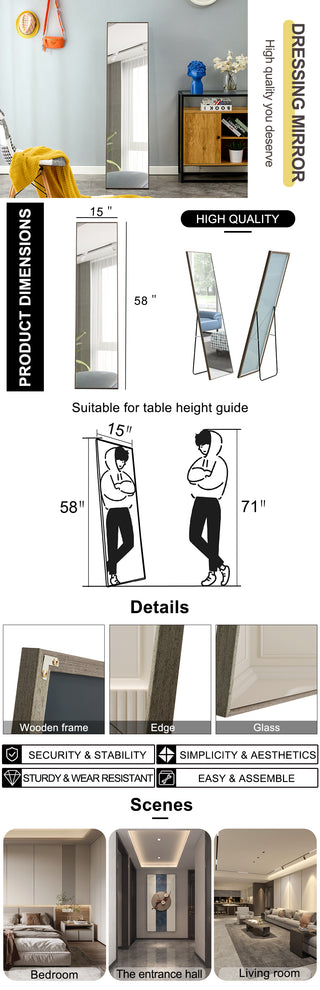 3rd generation gray solid wood frame full length mirror, dressing mirror, bedroom porch, decorative mirror, clothing store, floor mounted large mirror, wall mounted. 58 "* 15"