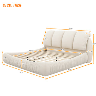 Queen Size Luxury Upholstered Bed with Thick Headboard, Velvet Queen Bed with Oversized Padded Backrest, Beige