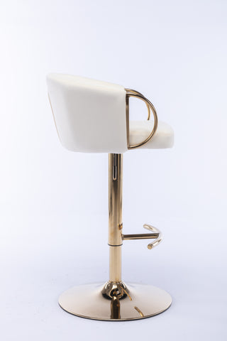 Set of 2 luxurious Ivory Velvet Bar Stools with Gold Legs, Chrome Footrest, Swivel & Adjustable Height