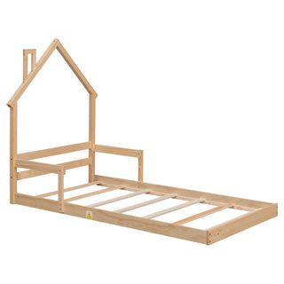 Twin House-Shaped Headboard Floor Bed with Handrails ,slats ,Natural