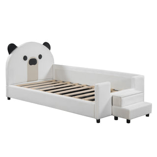 Twin Size Upholstered Daybed with Bear Shaped Headboard, Hydraulic System and Breathable Mesh Fence, White