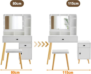 Dressing Table with Hollywood LED Mirror – Light Adjustable Brightness, White Wooden Cosmetic Table with Drawer and Storage Cabinet, Padded Stool Set