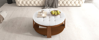 Modern Large Round Ottoman Coffee Table 2-Tier Oversized Button Tufted Ottoman with Wood Shelf Storage Upholstered Coffee Table for Living Room Footrest Ottoman with wheel, waterproof Linen