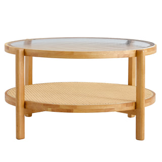 Modern simple circular double-layer solid wood tea table rattan woven Chinese side table small round table suitable for living room, dining room and bedroom