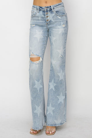 RISEN Mid Rise Button Fly Start Print Flare Jeans for Women