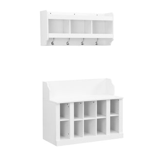 ON-TREND Shoe Storage Bench with Shelves and 4 Hooks, Elegant Hall Tree with Wall Mounted Coat Rack, Entryway Organizer For Hallway, Foyer, Mudroom, White