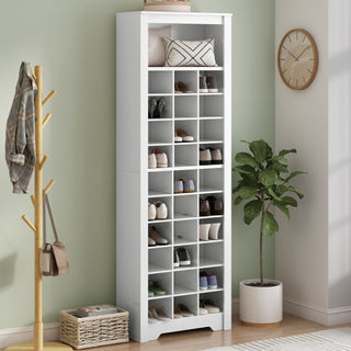 ON-TREND Stylish Design 30 Shoe Cubby Console, Contemporary Shoe Cabinet with Multiple Storage Capacity, Free Standing Tall Cabinet with Versatile Use for Hallway,  Bedroom, White