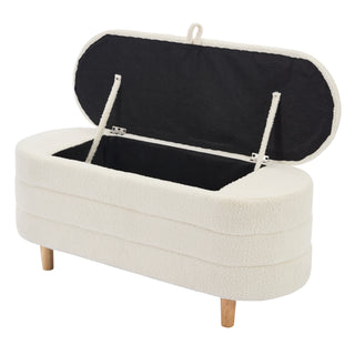 Elegant Upholstered Sherpa Fabric  Storage Ottoman with Wood Legs, Storage Bench for Bedroom, Living Room, White