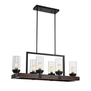 Matte Black / Wood Grain Metal Chandelier Fixture, 6-Light Ceiling Pendant Light for Living Room, Bedroom, Dining Room, Adjustable Height, E26*6 (Bulbs Not Included), W36.6" x W13.5" x H42.9"