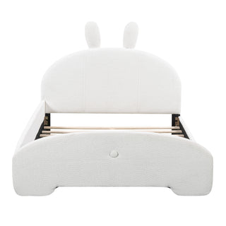 Full Size Upholstered Platform Bed with Cartoon Ears Shaped Headboard, White