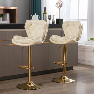 Set of 2  Bar Stools,with Chrome Footrest and Base Swivel Height Adjustable Mechanical Lifting Velvet + Golden Leg Simple Bar Stool-cream