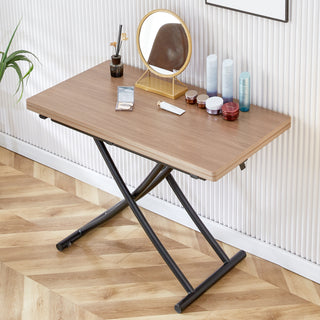 Modern Minimalist Multifunctional Lifting Table – 0.8-Inch Wood Grain Desktop with Black Metal Legs, Versatile Use as Dressing Table, Coffee Table, Dining Table, or Office Table