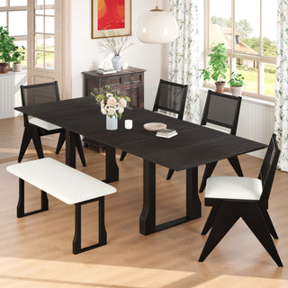 TOPMAX Modern 6-Piece 82.7-Inch Extendable Dining Table Set – Includes 4 Wicker Back Upholstered Dining Chairs, Long Bench, Two 11.8-Inch Removable Leaves, Espresso Finish