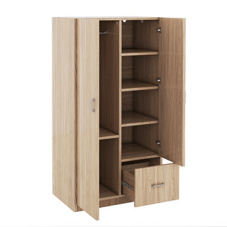 Wooden Wardrobe with Double Doors, Armoire with Hanging Rod, 5 Fixed Shelves, One Storage Drawer,Natural