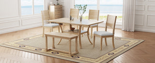 TOPMAX 6-Piece Wood Dining Table Set with Storage Shelf and Curved Legs, Kitchen Table Set with Bench and 4 Removable Cushions Dining Chairs, Modern Style, Natural+Beige Cushion