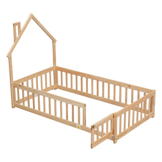 Twin House-Shaped Headboard Floor Bed with Fence – Natural Wooden Bed Frame