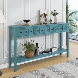 TREXM Rustic Entryway Console Table, 60" Long Sofa Table with two Different Size Drawers and Bottom Shelf for Storage (Turquoise Green)