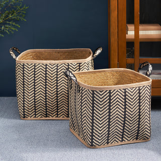 Square Palm Leaf Woven Wicker Storage Baskets with Handles, Set of 2 (14inx14inx15in and 16inx16inx17in) - Black and Brown - Ideal for Clothes, Books, Picnic, and Home Decoration