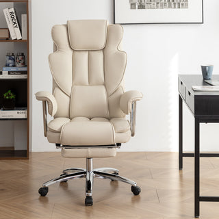 Big and Tall Executive Office Chair with Footrest - Ergonomic High Back Leather Computer Chair, Reclining & Large Home Office Chair (Beige)