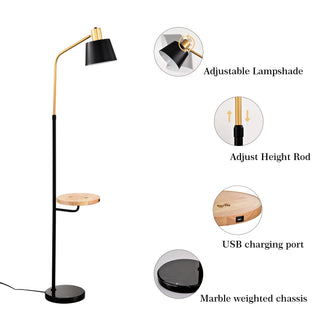 Real Marble Floor Lamp with Wood Bedside Nightstand End Table and Built-in USB Charging Port for Living Room, Bedroom, Matte Gold + Matte Black