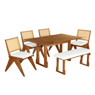 TOPMAX Modern 6-Piece 82.7inch Extendable Dining Table Set with 4 Wicker Back Upholstered Dining Chairs and Long Bench, Two 11.8-inch Removable Leaf,Walnut