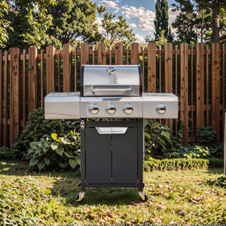 Propane Grill 3 Burner Barbecue Grill Stainless Steel Gas Grill with Side Burner and Cover for Outdoor BBQ, Camping