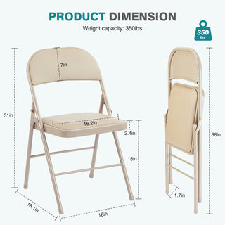 2 Pack Leather Padded Folding Chairs, Sturdy Metal Foldable Chairs, for Home, Office, Party - Khaki