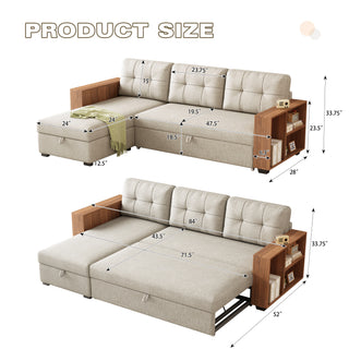 Upholstered Pull Out Sectional Sofa with Storage Chaise, Convertible Corner Couch, Beige-Wooden handrail