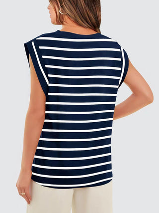 Striped Round Neck Cap Sleeve T-Shirt for Women