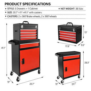 5-Drawer Rolling Tool Chest & Storage Cabinet with Detachable Top Tool Box – Metal Tool Cart for Garage Workshop, Lockable Wheels, Liner, Locking Mechanism