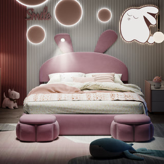 Full Size Upholstered Platform Bed with Cartoon Ears Shaped Headboard and Light, Pink