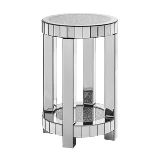 Mirror round table with crystal inlay, 2-layer modern small sofa table with storage space, silver decorative table suitable for living room, bedroom, coffee and small spaces