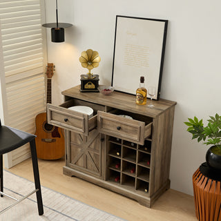 Farmhouse Buffet Cabinet with Storage Sideboard - 2 Drawers, Wine Bar with Removable Wine Racks & Storage Shelves, Gray Wash (39.37" x 15.75" x 34")