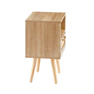 15.75" Rattan End table with  drawer and solid wood legs, Modern nightstand, side table for living room, bedroom,natural