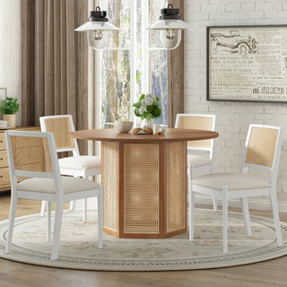 TOPMAX 5-Piece Rattan Round Dining Table Set, Wood Table with Hexagonal Base and Upholstered Chairs for Dining Room, Kitchen,Indoor Use, White+Beige
