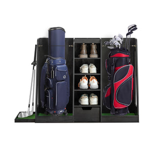 55.5''x16''x37'' Wooden Golf Bag Organizer and Storage Rack – High-Quality 2 Golf Bag Rack with Drawers, Easy to Assemble Golf Club Holder/Stand with Side Club Holders, Black