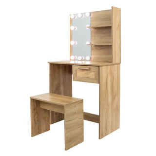 Vanity Desk Set Stool & Dressing Table with LED Lighting Mirror Drawer and Compartments Modern Wood Cosmetic Table Chest of Drawers Nature Color