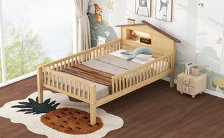 Twin Size Wood Platform Bed with House-shaped Headboard, LED and Built-in Storage, Natural