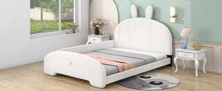 Full Size Upholstered Platform Bed with Cartoon Ears Shaped Headboard, White