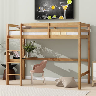 
Twin High Loft Bed, Rubber Wood with Safety Guardrail, Built-in Desk and Ladder, White Oak
