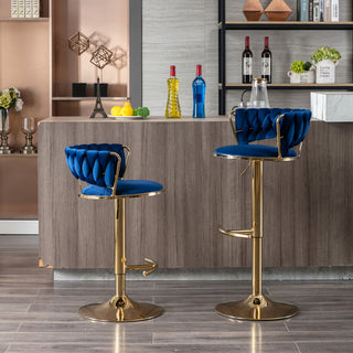 Set of 2  Bar Stools,with Chrome Footrest and Base Swivel Height Adjustable Mechanical Lifting Velvet + Golden Leg Simple Bar Stool-BLUE