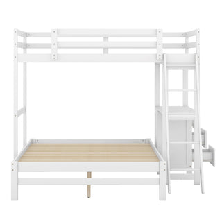 Twin over Full Bunk Bed with Built-in Desk and Three Drawers, White