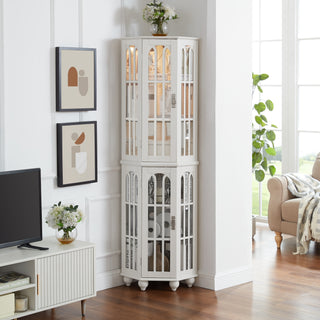 Corner Curio Cabinet with 4 Adjustable Glass Shelves & Lighting, Solid Wood Legs, Acrylic Mirrored Back Panel