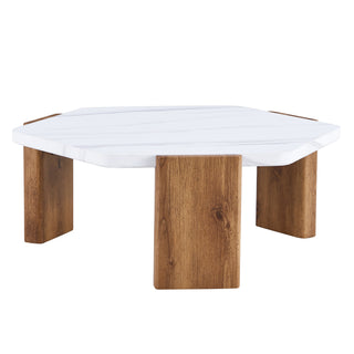 Modern MDF Coffee Table with White Top and Wood Texture MDF Legs, Hexagonal Design for Living Room and Guest Room